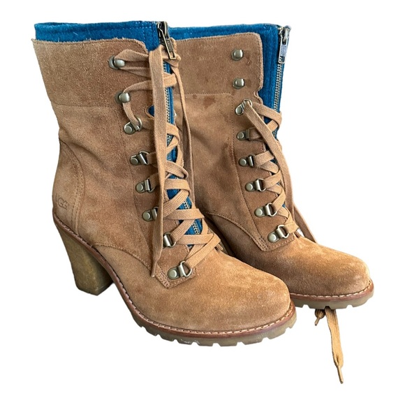 UGG suede camel brown lace up zipper heeled winter boots - Picture 12 of 14